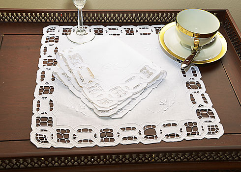 Square Placemat. Dynasty Embroidery Cutworks. 14"square 2 pcs.